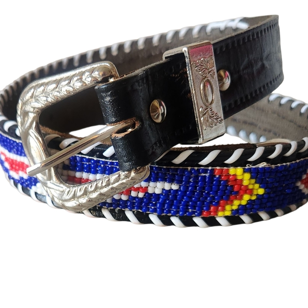 Beaded Leather Belt with Silver Buckle Small Thunderbird